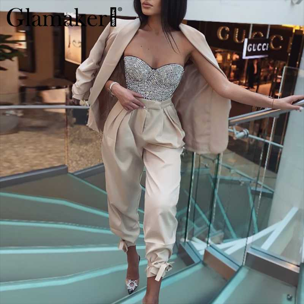 glamaker two piece set blazer suits women lace up casual and pants office ladies fashion streetwear female co ord set, White